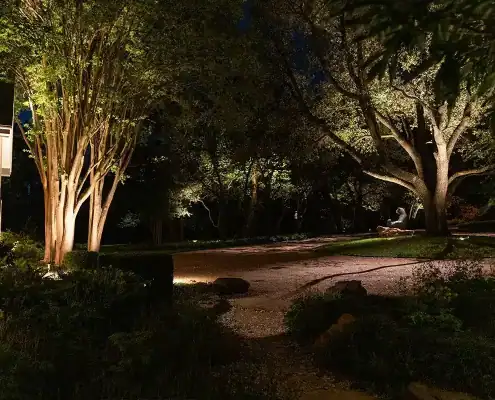 Night garden scene with illuminated trees lining a gravel driveway, house edge left, seated statue under right tree.