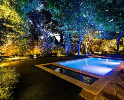 Nighttime backyard with rectangular blue-lit swimming pool, stone patio and trees bathed in colorful landscape lighting.